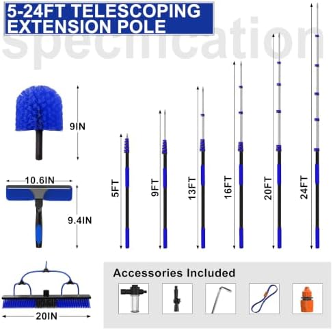 Buyplus 30FT Reach Solar Panel Cleaning Brush Kit with 5-24FT Telescoping Pole, Water Fed Window Cleaner Tool with 20" Brush, Soap Dispenser, Cobweb Duster, Squeegee for Roof, RV, Gutter, Deck,Blue
