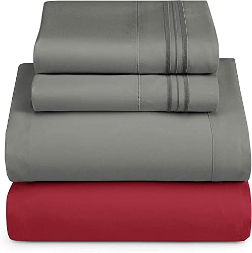 Nestl King Sheets Set - 4 Piece King Size Bed Sheets, Extra Soft, Double Brushed Bedding for King Size, 2 Tone Burgundy/Grey Set, Burgundy Fitted Sheet, Grey Flat Sheet, Grey Pillow Case