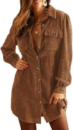 Alaster Queen Women's Corduroy Long Sleeve Button Work Tunic Short Dresses