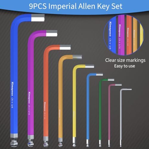 9PCS Imperial Allen Key Set SAE Allen Wrench Set SAE Hex Key Set Long Ball End Hex Wrench Set S2 Alloy Steel Keys 1/16-3/8Inch for Bike Vehicle Repairs and Household DIY