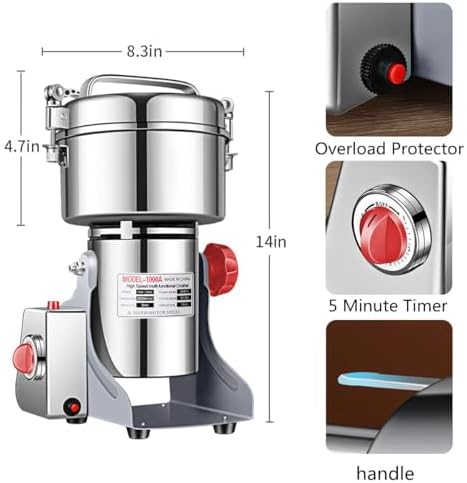 Electric Grain Grinder Mill 1000g High-speed Spice Herb Mill Commercial Powder Machine for Dry Cereals Grain Herb Spice Coffee Corn Bean (1000g Stand Type)