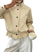 Womens Funnel Neck Jackets Fall Casual Ruffle Hem Cropped Coats