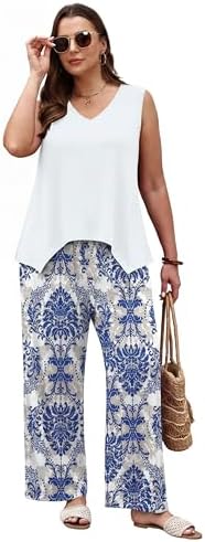 WIHOLL Two Piece Sets for Women Dressy Lounge Sets Summer Outfits Cruise Travel Beach Vacation Casual Wide Leg Pants Set
