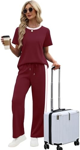 WIHOLL 2 Piece Lounge Sets for Women Matching Set Summer Outfits Short Sleeve Tops Wide Leg Pants with Pockets