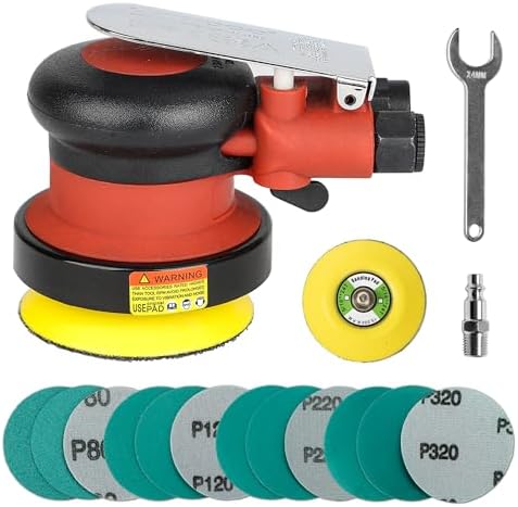 3 inch Mini Palm Air Sander, MAX 12000 RPM 3/32" Orbit Random Orbital Pneumatic Polisher, for Auto Body Woodworking Metal, with 12 Sandpapers & Extra Backing Pad