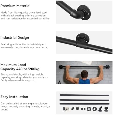 13FT Metal Staircase Hand Rail, Wall-Mounted Industrial Pipe Stair Handrail | Black Galvanized Iron Handrails for Garage, Porch, Toilet, Yard and Garden, Vintage Railing for Outdoor Indoor Stairs