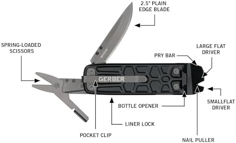 Gerber Gear Lockdown Slim Pry 7-in-1 Keychain Multitool Compact EDC Mini Pocket Knife with Pry Bar, Black