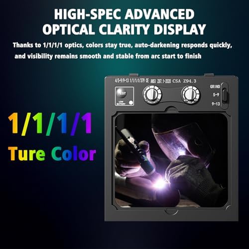 Large View True Color Auto Darkening Welding Helmet with LED Light - Solar Powered, 4 Arc Sensors, 1/1/1/1 Optical Clarity, Wide Shade 4/5-13 for TIG MIG ARC Grind