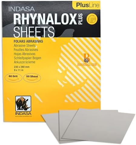 Indasa 50 PCS 9x11 Sandpaper Rhynalox Plusline - 60 Grit Dry Sanding Sheets, Professional-Grade Abrasive for Wood, Metal, Automotive, and Paint Finishing - Durable, Clog-Resistant Sand Paper