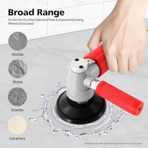 Air Powered Wet Stone Polisher, 4'' Pneumatic Wet Stone Polisher with 7.55ft Water Pipe, Heavy Duty Wet Air Sander Grinder for Granite, Marble, Concrete, Stones Polishing Tool