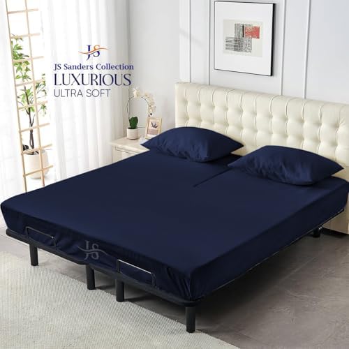 JS Sanders Collection 600TC Flex Top Queen Sheets for Sleep Number Bed - 100% Cotton 4 Pcs Top Split Queen Sheets for Adjustable Bed Queen 36 Inch Down Navy Blue -18 Inch Deep