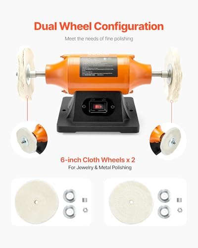 VEVOR 1/2HP Bench Buffer Polisher, 6-inch Bench Polishing Buffing Machine, 3450RPM Single Speed Benchtop Polisher with 2PCS Cloth Wheels & Cast Iron Base for Metal, Jewelry, Wood Polishing