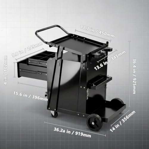 Welding Cart, 2-Tier Heavy Duty Welder Cart with 2 Drawers & Lockable Cabinet, 350LBS Load Capacity, Dual Cylinder Slots & Safety Chains, 360° Swivel Wheels for MIG Welder & Plasma Cutter