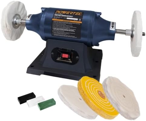 POWERTEC 6-Inch Bench Buffer Jewelry Polisher - Includes 5PCs 80Ply Buffing Wheels + 3PCs Polishing Compound Set | Benchtop Buffing Machine for Metal, Jewelry, Knives, Wood, Jade, and Plastic (BF601D)