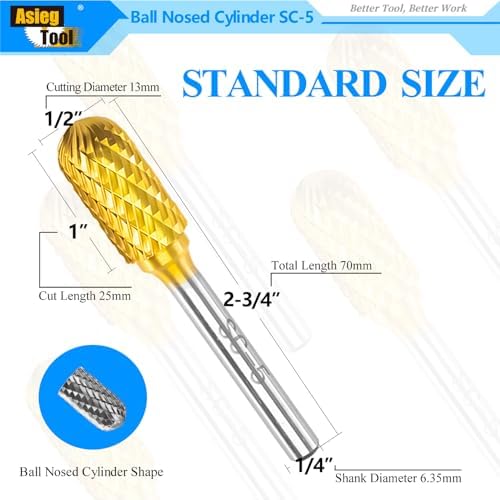 SC-5 5pcs Tungsten Carbide Burr TiN Rotary File Cylindrical Shape with Radius End Double Cut with 1/4''Shank for Die Grinder Drill Bit
