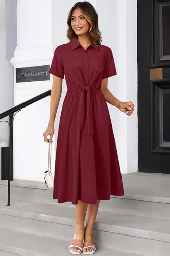 Newshows Women's Work Business Casual Outfits Tie Waist Midi Shirt Dress