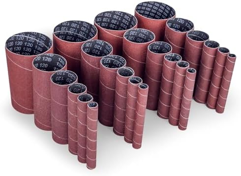 LotFancy Spindle Sanding Sleeves, 120 Grit, Pack of 24, Aluminum Oxide Abrasive, 4-1/2” Length, 4 Each of 1/2”,3/4”,1”,1-1/2”, 2” and 3”
