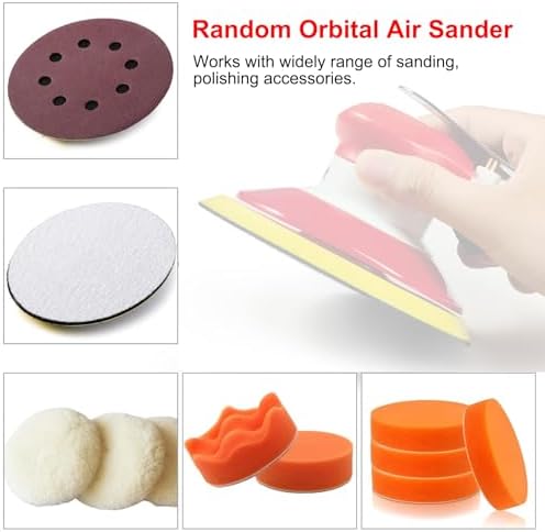 Professional Random Orbital Air Sander 5" Pneumatic Palm Sander DA Sander, Low Noise Reduction, 12000 RPM, Hook & Loop, for Auto Body, Car Detailing, Wood, Metal Polishing & Buffing