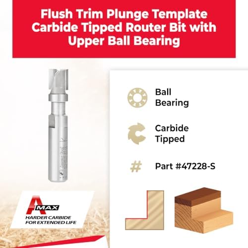 Amana Tool 47228-S Carbide Tipped Flush Trim Plunge Template 1/2 D x 1/2 Inch CH x 1/2 SHK w/Upper Ball Bearing Router Bit