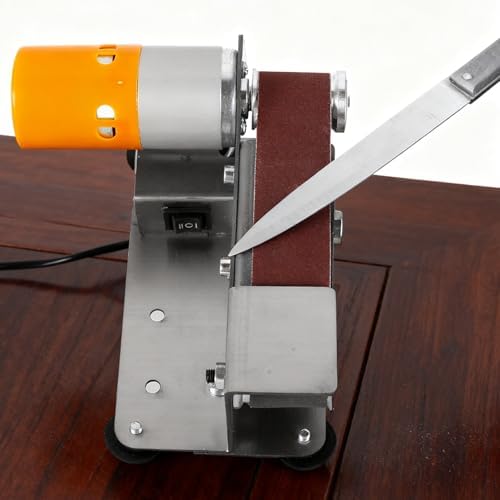 Mini Belt Sander, 15° Electric Spindle Knife Sharpener Bench Grinder Sanding Machine, 7 Adjustable Speed Belt Grinder, Cutter Sharpener Sander Small Polishing Grinding Machine for Metal Jewelry