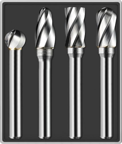 4Pcs Carbide Burr Set 1/4 Shank Aluminum Cut (Wide-Flute Cut) Die Grinder Bits Rotary Tools Attachment Kit Rasp File Accessories Metal Wood Stone Steel Grinding Deburring Cutting Porting Carving