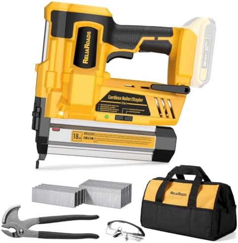 ReliaRoads 2" Cordless Brad Nailer, 18GA Nail Gun Battery Powered Compatible with DeWalt 20V MAX Battery, Electric Nailer Stapler with Nails Puller, Toolbag, 1600 Staples and Nails(No Battery)