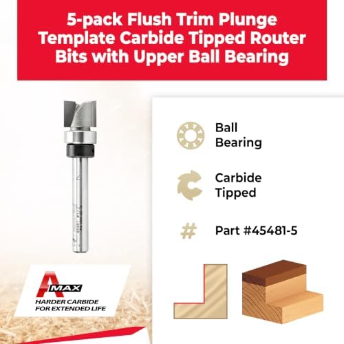 Amana Tool 45463-3TS Carbide Tipped Flush Trim Plunge Template Router Bit 3/4 Dia x 1 Inch x 1/2 Shank with Upper Ball Bearing 3 Flute