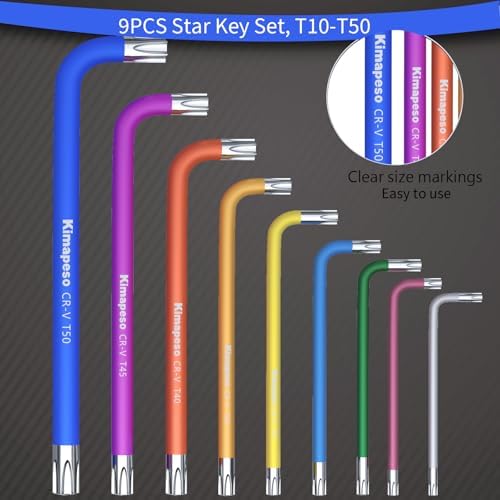 9 PCS Torx Allen Wrench Set Star Allen Key Tools Colored Star Key Set Precision Size Markings T10, T15, T20, T25, T27, T30, T40, T45, T50 for Bike and Household DIY Projects