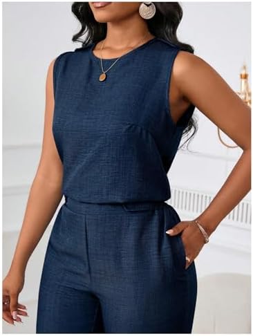 Floerns Women's 2 Piece Sets Dressy Outfits Bussiness casual Crew Neck Sleeveless Blouse and Elegant Pants Set