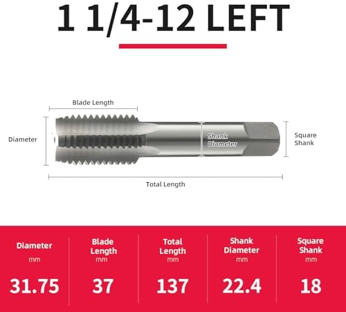 1 1/4-12 Left Hand Straight Flute Thread Tap Machine Tap HSS (High Speed Steel) Threading Tapping Repair Tools DRINYOUNG (1 1/4-12 Left)