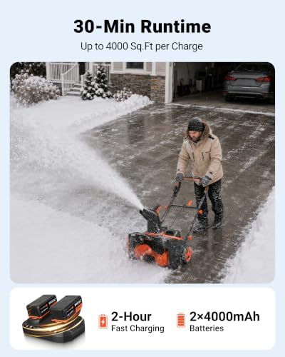 VOLTASK 48V Cordless Snow Blower with Wheels, 20-Inch Brushless Electric Snow Shovels with Directional Plate & LED Lights, Fits Driveways/Decks (2 * 24V Battery & Quick Charger Included)