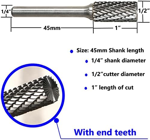 Carbide Burr Set 1/4" Shank SB-5 Die Grinder Bits Tungsten Double Cut Burr Bits (1/2" Cutter Dia X 1" Cutter Length) for Die Grinder Kits Metal Grinding Drilling Polishing (5pcs)