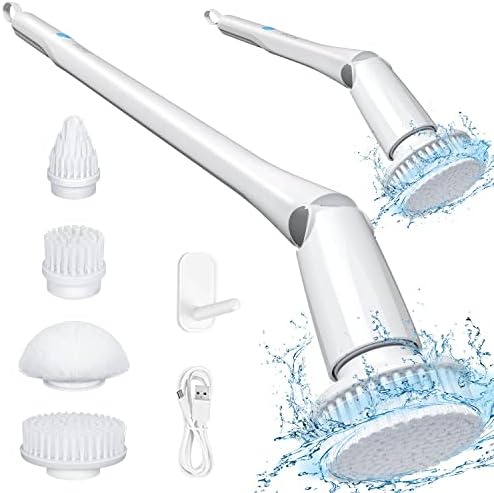Electric Spin Scrubber, 360 Cordless Shower Scrubber, Electric Spin Cleaner with 4 Replaceable Shower Cleaning Brush Heads and 1 Extension Arm for Tub, Tile, Kitchen, Bathroom