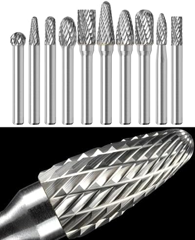 Sworker 10Pcs Carbide Burr Set 1/4 Shank w/Clear Box Max Head Dia 10mm Die Grinder Bits Rotary Tools Attachment Kit Rasp Accessories Metal Wood Stone Steel Grinding Deburring Cutting Porting Carving