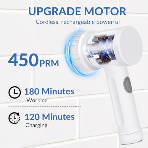 Electric Spin Scrubber, Bathroom Shower Scrubber, Rechargeable Cleaning Brush with 4 Brush Heads for Wall, Floor, Tile (2)