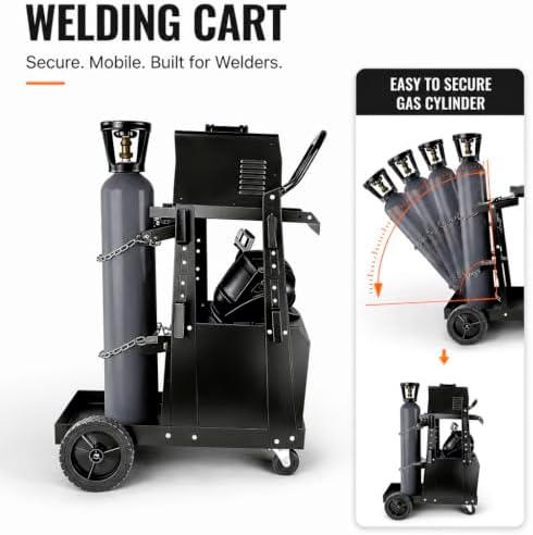 Welding Cart, 2-Tier Heavy Duty Welder Cart with 265LBS Load Capacity, Lockable Anti-Theft Cabinet, Dual Cylinder Slots & Safety Chains, 360° Swivel Wheels for TIG/ARC/Plasma Cutters