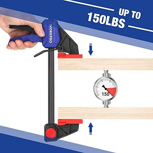 WORKPRO Bar Clamps for Woodworking, 12-Pack One-Handed Clamp/Spreader, 6-Inch (4) and 12-Inch (2) Wood Clamps Set, Light-Duty Quick-Change F Clamp with 150 lbs Load Limit Blue