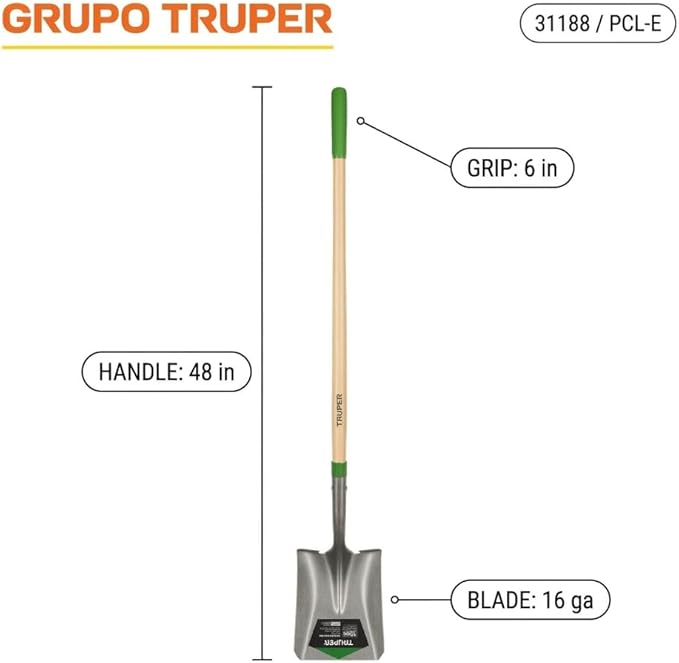 Truper Square-Point Shovel, Mid-Size Steps, 48-Inch Wood Handle with 6-Inch Grip, 16 Gauge Blade, Heavy-Duty Digging & Transfer Shovel (Model 31188)