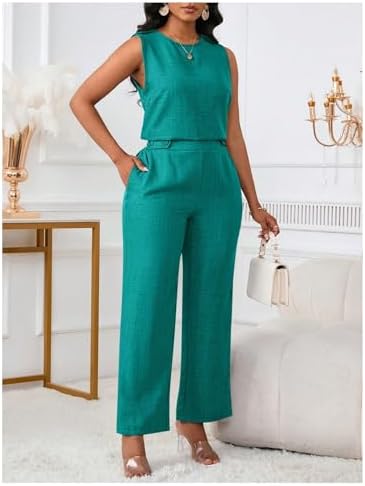 Floerns Women's 2 Piece Sets Dressy Outfits Bussiness casual Crew Neck Sleeveless Blouse and Elegant Pants Set