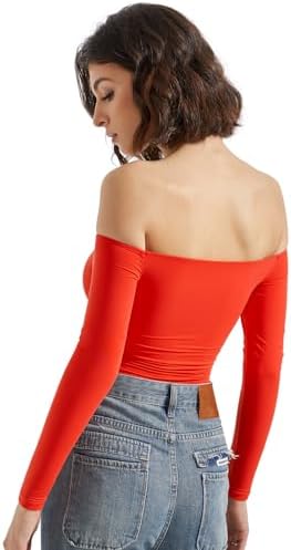 SUUKSESS Women Off Shoulder Long Sleeve Bodysuits Double Lined Basic Tops