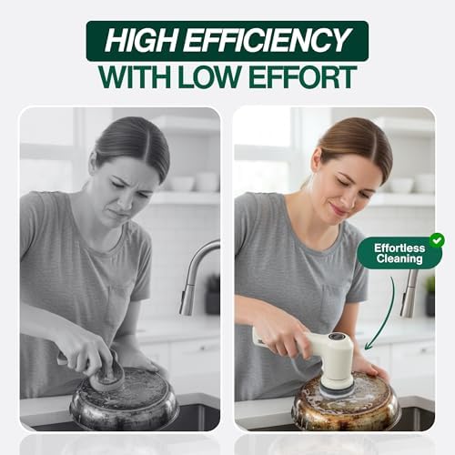 SonicPower Electric Spin Scrubber – Handheld & Ergonomic, IPX7 Waterproof, 4 Multi-Purpose Brush Heads, Long-Lasting Rechargeable Battery – Cleans Dishes, Bathroom, Tile, Grout & Kitchen (Beige)