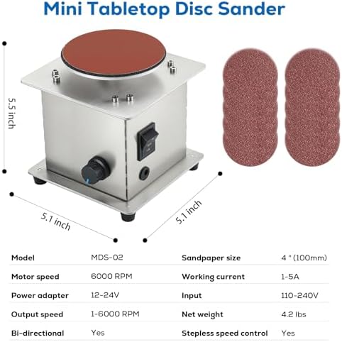 Mini Tabletop Disc Sander, 4” Electric Bench Sanding Machine with 20 Sandpapers, Stepless Speed Control 0-6000 RPM, Forward/Reverse Switch, DIY Woodworking & Craft Tool