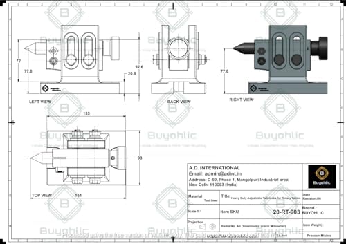 Buyohlic Heavy Duty Adjustable Tailstocks for Regular & Tilting Model of Rotary Tables (Hardened & Precisely Ground Points) (Tailstock for HV4/5/6 Rotary Table)