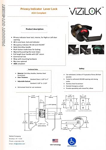 VIZILOK ADA Compliant, Single Egress Indicator Privacy Lock C5FA-R Durable ANSI Grade 2 Comp Commercial Right Handed Non Reversible in-Use or Vacant Push Button Lever - Oil Rubbed Bronze