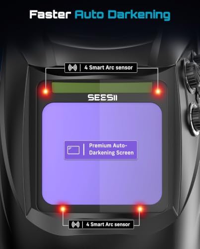 SEESII Large View Welding Hood with Welding Gloves, 3.93"x3.81" True Color Welding Helmet, 1/1/1/1 Auto Darkening with 4 Arc Sensors, 13-Inch Heat Resistant Full Protection for TIG MIG ARC