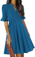 Mokayee Womens Summer V Neck Ruffle Short Sleeve Fit and Flare Knee Length Church Wedding Guest Dresses with Pockets