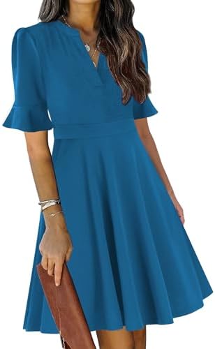 Mokayee Womens Summer V Neck Ruffle Short Sleeve Fit and Flare Knee Length Church Wedding Guest Dresses with Pockets