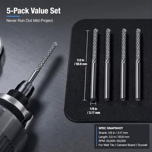 Tondiamo 5 Pack Tile Drill Bits for Rotary Tool 1/8 Inch Brocas para Drywall Shank Solid Carbide Tile Cutter Compatible with Dremel 565 Attachment for Ceramic Wall Cement Board Plasterboard