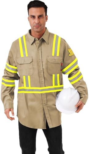FR Shirts for Men 7oz High Visibility Fire Resistant Shirts CAT2 Welding Shirt 100% Cotton Hi Vis Flame Resistant Shirt Khaki(5X-Large)