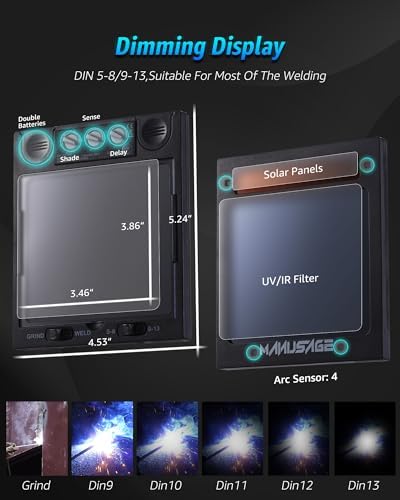 MANUSAGE Panoramic View Welding Helmet Auto Darkening, Welding Hood with 4 Arc Sensor Solar Power, True Color Shade 5-8 and 9-13 Idear for TIG MIG ARC, Adjustable Delay and Sense (E980S)